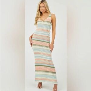 Coral Multicolor Striped Crochet Knit Maxi Dress